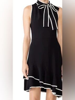Amanda Uprichard Sleeveless Black Dress with White Trim and Bow Neck